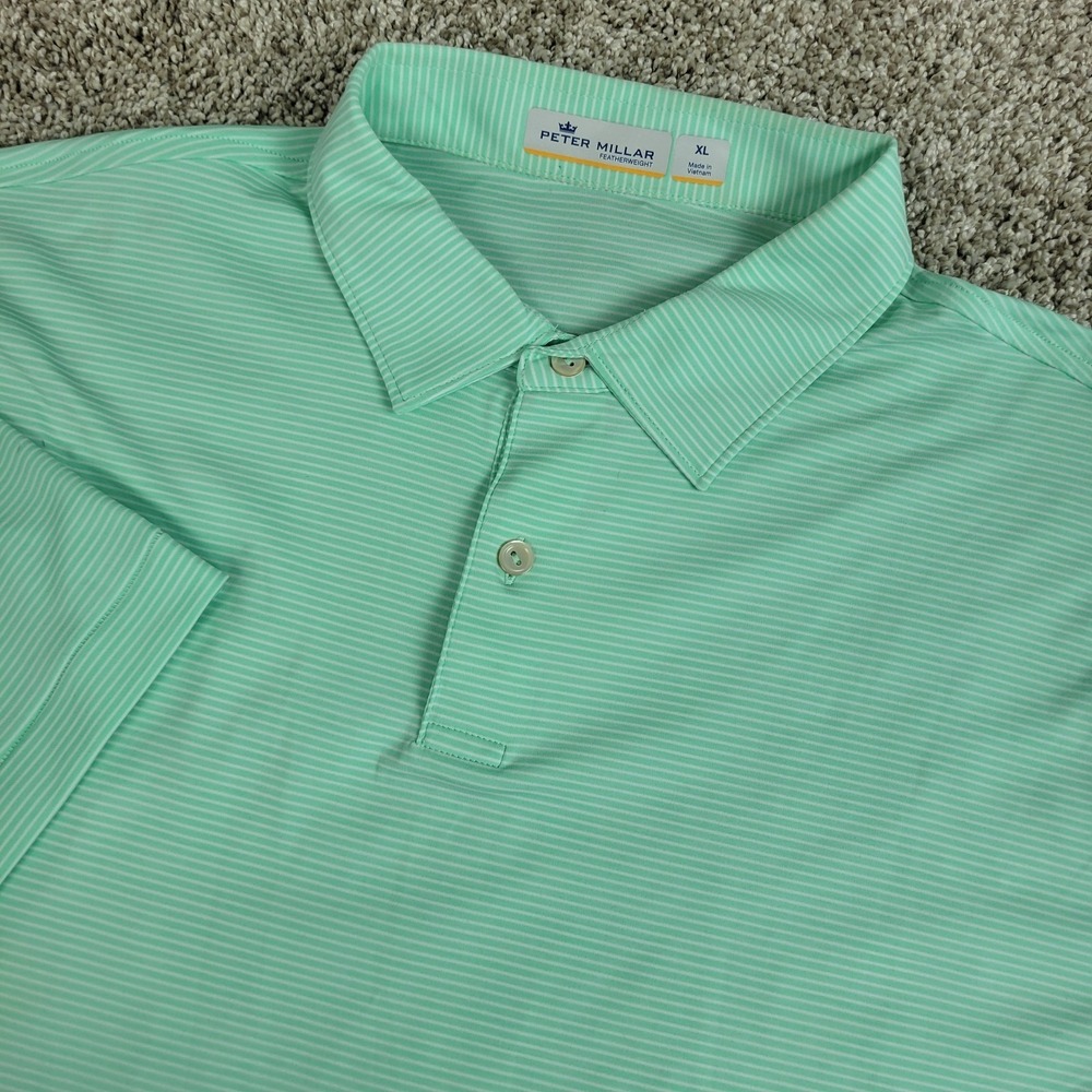 Peter Millar Featherweight Mens XL Green White Striped Performance Stretch Polo - Picture 1 of 6